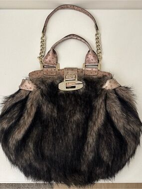 Vintage Y2K Guess Faux Fur Hobo Bag Rose Gold McBling Rhinestone Purse VERY RARE